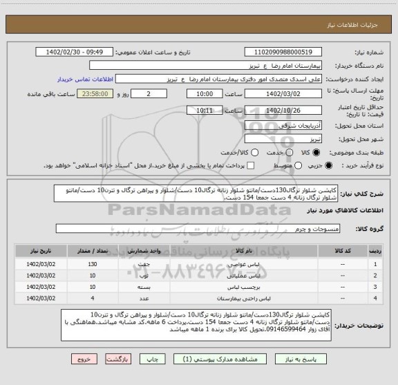 استعلام کاپشن شلوار ترگال130دست/مانتو شلوار زنانه ترگال10 دست/شلوار و پیراهن ترگال و تترن10 دست/مانتو شلوار ترگال زنانه 4 دست جمعا 154 دست.