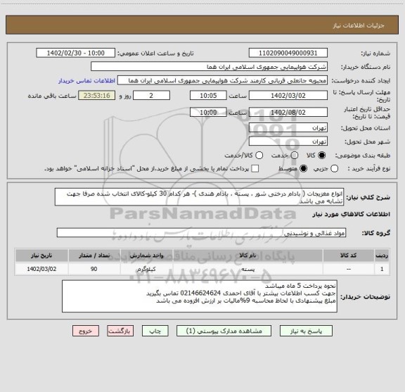 استعلام انواع مغزیجات ( بادام درختی شور ، پسته ، بادام هندی )- هر کدام 30 کیلو-کالای انتخاب شده صرفا جهت تشابه می باشد