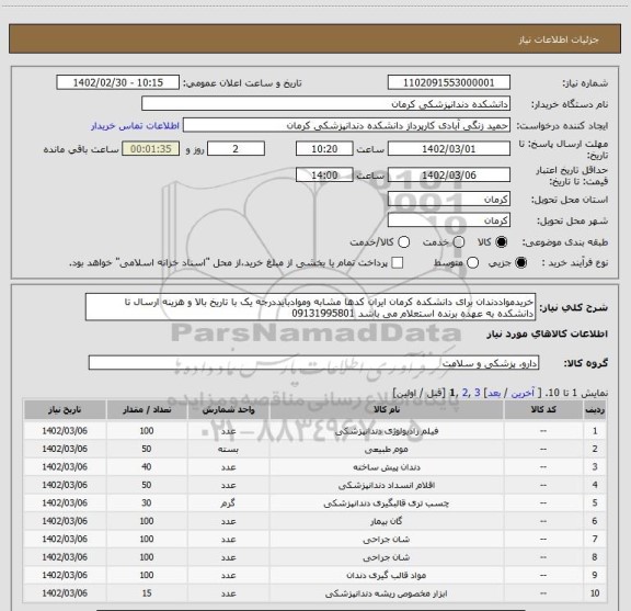استعلام خریدمواددندان برای دانشکده کرمان ایران کدها مشابه وموادبایددرجه یک با تاریخ بالا و هزینه ارسال تا دانشکده به عهده برنده استعلام می باشد 09131995801