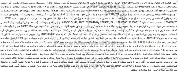 آگهی مزایده ششدانگ یک دستگاه خودرو ، سیستم: سمند