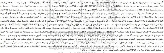 آگهی مزایده  1-تعداد 330سهم از 1000سهم شرکت ساختمانی ایجاد نقش پارسیان