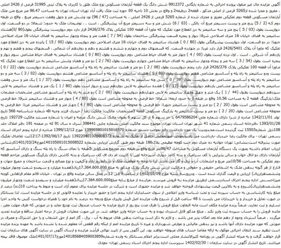 مزایده شش دانگ یک قطعه آپارتمان مسکونی