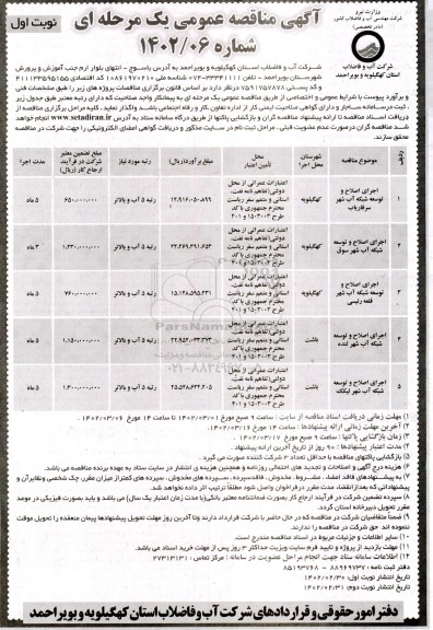 مناقصه اجرای اصلاح و توسعه شبکه آب