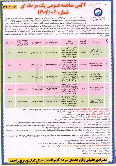 مناقصه اجرای اصلاح و توسعه شبکه آب نوبت دوم