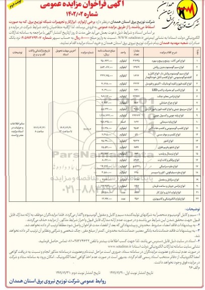 فراخوان مزایده برخی از لوازم، ابزار کار و تجهیزات شبکه توزیع برق- نوبت دوم