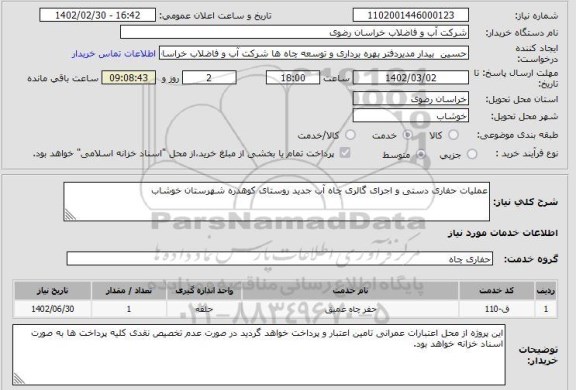 استعلام عملیات حفاری دستی و اجرای گالری چاه آب جدید روستای کوهدره شهرستان خوشاب