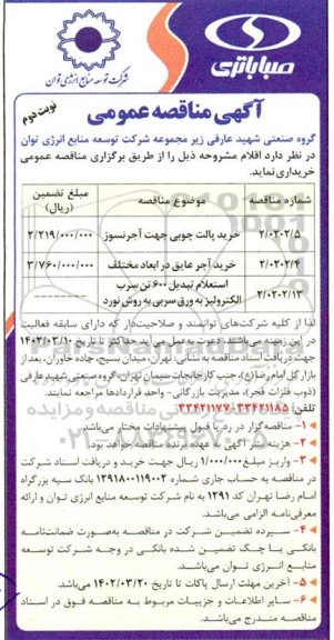 مناقصه خرید پالت چوبی جهت آجر نسوز و ...نوبت دوم