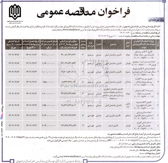 مناقصه عمومی تکمیل 6 کلاس روستای ...