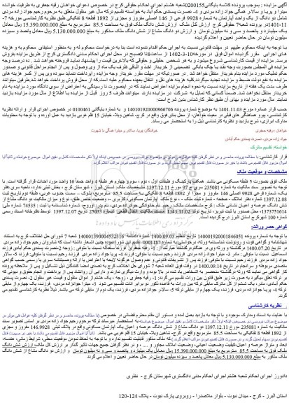 مزایده فروش دو دانگ از یک واحد آپارتمان به شماره 9928 فرعی از 146 اصلی مفروز و مجزی از 1892 قطعه 8 تفکیکی