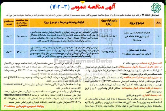 مناقصه عملیات اصلاح هندسی معابر و ایمن سازی نقاط حادثه خیز ...