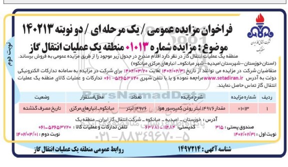 مزایده مقدار 14976 لیتر روغن کمپرسور هوا نوبت دوم