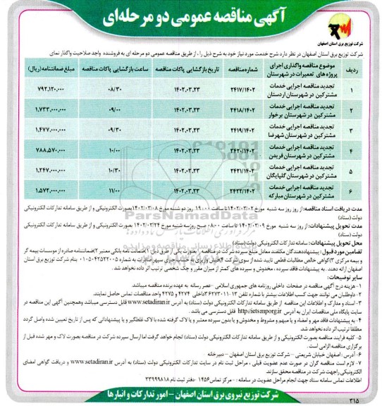 تجدید مناقصه واگذاری اجرای پروژه های تعمیرات در شهرستان...