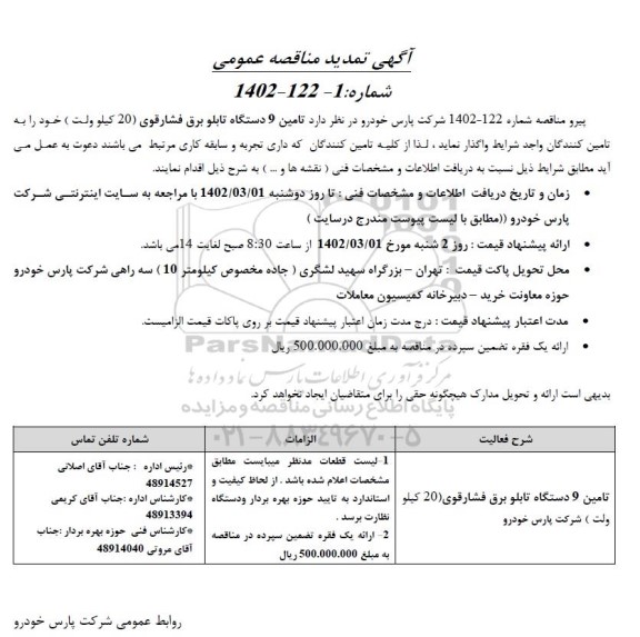 تمدید مناقصه تامین 9 دستگاه تابلو برق فشار قوی (20 کیلوولت)