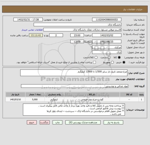 استعلام مرغ منجمد تاریخ دار سایز 1/500 تا 1/800 کیلوگرم