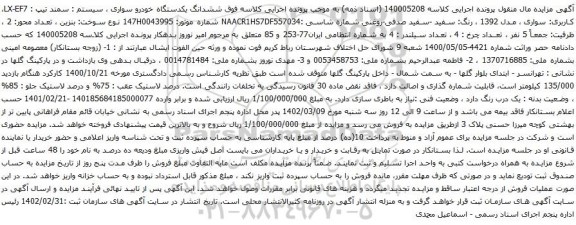 آگهی مزایده ششدانگ یکدستگاه خودرو سواری ، سیستم : سمند
