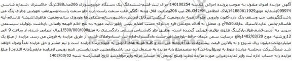 آگهی مزایده ششدانگ یک دستگاه خودروسواری 206مدل1388