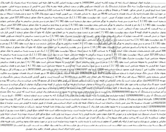 آگهی مزایده سه دانگ مشاع از ششدانگ یک باب آپارتمان مسکونی 
