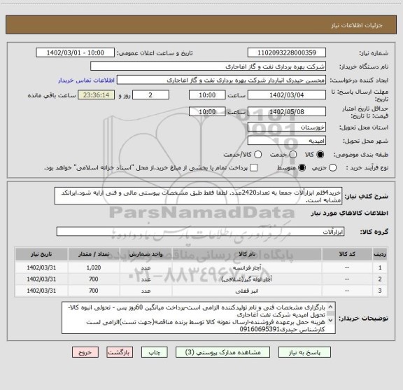 استعلام خرید4قلم ابزارآلات جمعا به تعداد2420عدد. لطفا فقط طبق مشخصات پیوستی مالی و فنی ارایه شود.ایرانکد مشابه است.