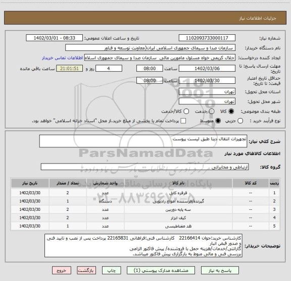 استعلام تجهیزات انتقال دیتا طبق لیست پیوست