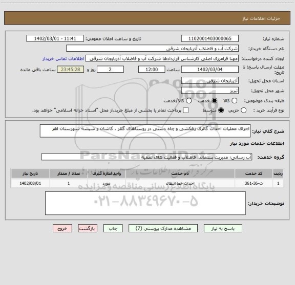 استعلام اجرای عملیات احداث گالری زهکشی و چاه دستی در روستاهای گللر ، کاشان و شیشه شهرستان اهر