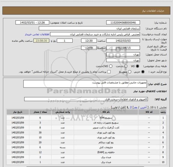 استعلام تجهیزات جانبی مطابق با مشخصات فایل پیوست