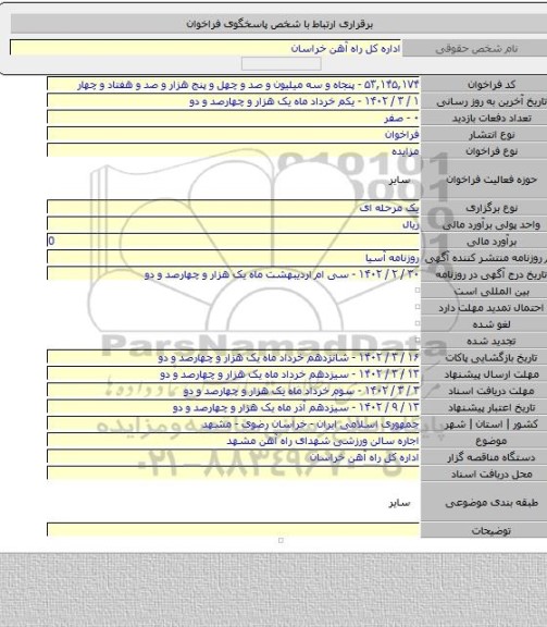 مزایده, اجاره سالن ورزشی شهدای راه آهن مشهد