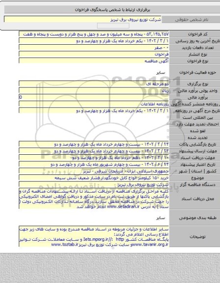 مناقصه, خرید ۱۵۰ کیلومتر انواع کابل خودنگهدار فشار ضعیف شش سیمه
