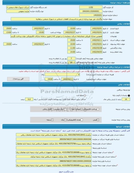 مزایده ، واگذاری حق بهره برداری از زمین و تاسیسات قطعات خدماتی در شهرک صنعتی سلطانیه  -مزایده زمین  - استان زنجان