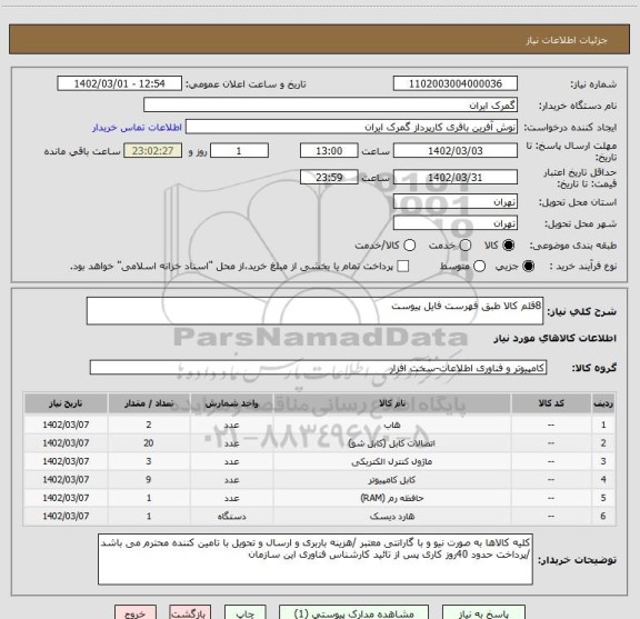 استعلام 8قلم کالا طبق فهرست فایل پیوست