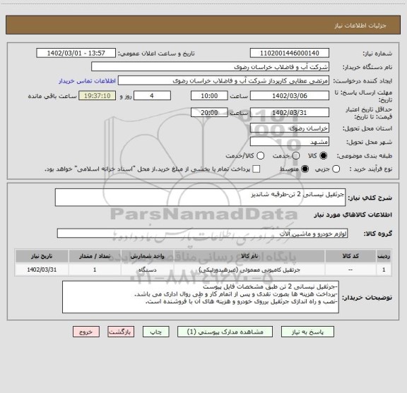 استعلام جرثقیل نیسانی 2 تن-طرقبه شاندیز