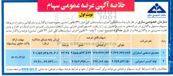 مزایده خلاصه آگهی عرضه عمومی سهام