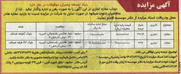 مزایده واگذاری دو باب مغازه تجاری