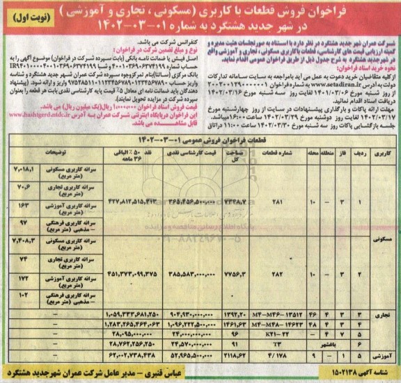 فراخوان فروش قطعات با کاربری (مسکونی، تجاری و آموزشی)