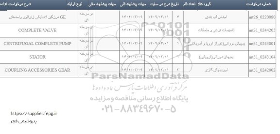 استعلام GE درزگیر لاستیکی ژنراتور واحدهای 