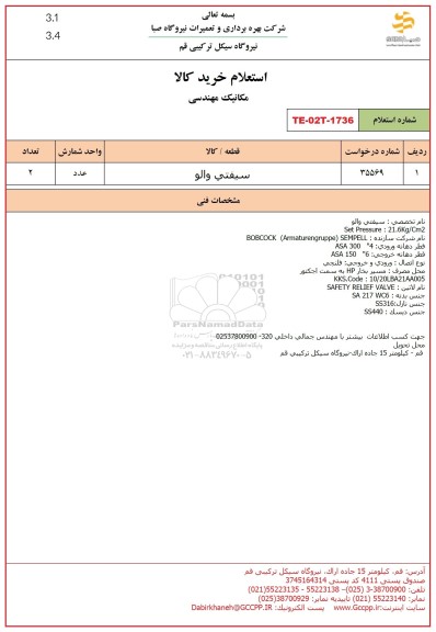 استعلام سیفتی والو