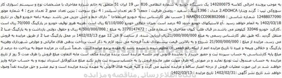 آگهی مزایده خودرو سواری کار سوزوکی تیپ : گرند ویتارا 2.4DOHCA مدل : 1396 رنگ: سفید - روغنی