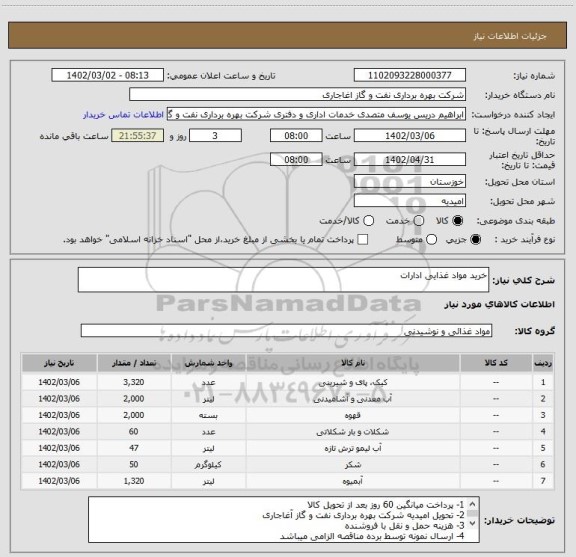 استعلام خرید مواد غذایی ادارات