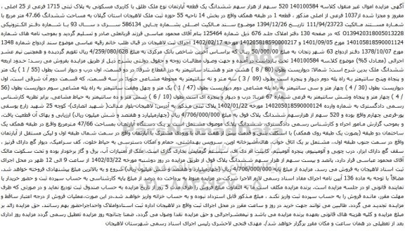 آگهی مزایده 520 سهم از هزار سهم ششدانگ یک قطعه آپارتمان نوع ملک طلق با کاربری مسکونی به پلاک ثبتی 1715 فرعی از 25 اصلی
