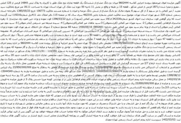 آگهی مزایده میزان دو دانگ مشاع از ششدانگ یک قطعه تجاری نوع ملک طلق با کاربری به پلاک ثبتی 14840 فرعی از 125 اصلی ، مفروز و مجزا شده از1871 فرعی از اصلی