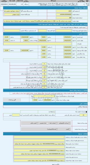 مزایده ، خودرو سمند مشکی رنگ مدل 1381 به شماره انتظامی 14ص282ایران37 موجود در پارکینگ آزادی - هزینه پارکینگ تا پایان خردادماه سا