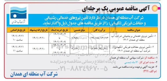 مناقصه تامین نیروهای خدماتی، پشتیبانی و حفاظت فیزیکی (نگهبانی)