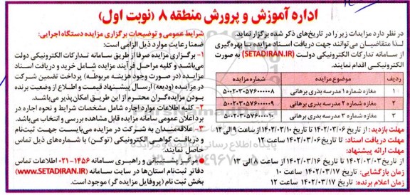 مزایده مغازه شماره 1 مدرسه...
