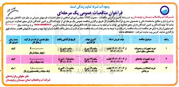 فراخوان مناقصه خرید تجهیزات و منصوبات....