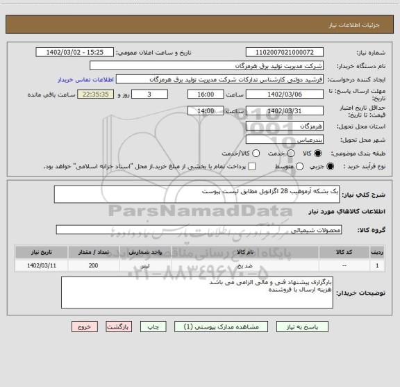استعلام یک بشکه آرموهیب 28 اگزانوبل مطابق لیست پیوست
