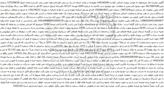 آگهی مزایده یکباب مغازه تجاری و طبقه اول به مساحت 37/50 مترمربع