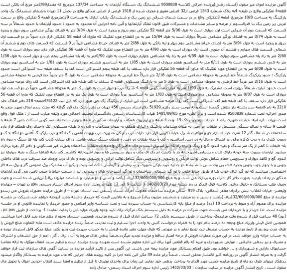 آگهی مزایده ششدانگ یک دستگاه آپارتمان به مساحت 137/34 مترمربع که مقدار2/89متر مربع