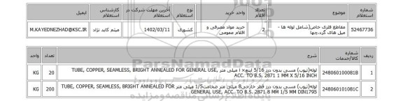 استعلام، مقاطع فلزی خاص(شامل لوله ها - میل های گرد،چها