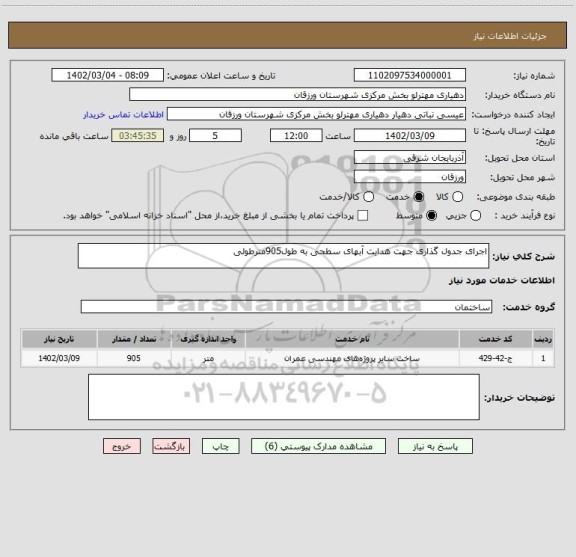 استعلام اجرای جدول گذاری جهت هدایت آبهای سطحی به طول905مترطولی