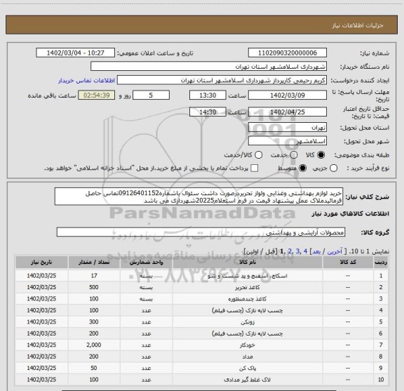استعلام خرید لوازم بهداشتی وغذایی ولواز تحریردرصورت داشت سئوال باشماره09126401152تماس حاصل فرمائیدملاک عمل پیشنهاد قیمت در فرم استعلام20225شهرداری می باشد