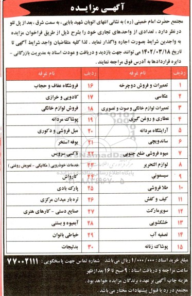مزایده واحدهای تجاری 